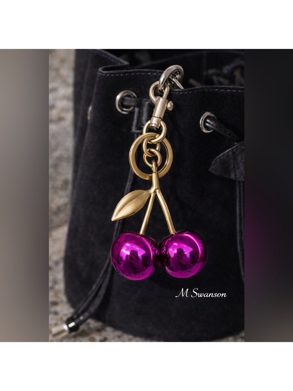 Fuchsia Pink Metallic Cherry Bag Charm Keychain Gold Tone Hardware NWT - Picture 2 of 3